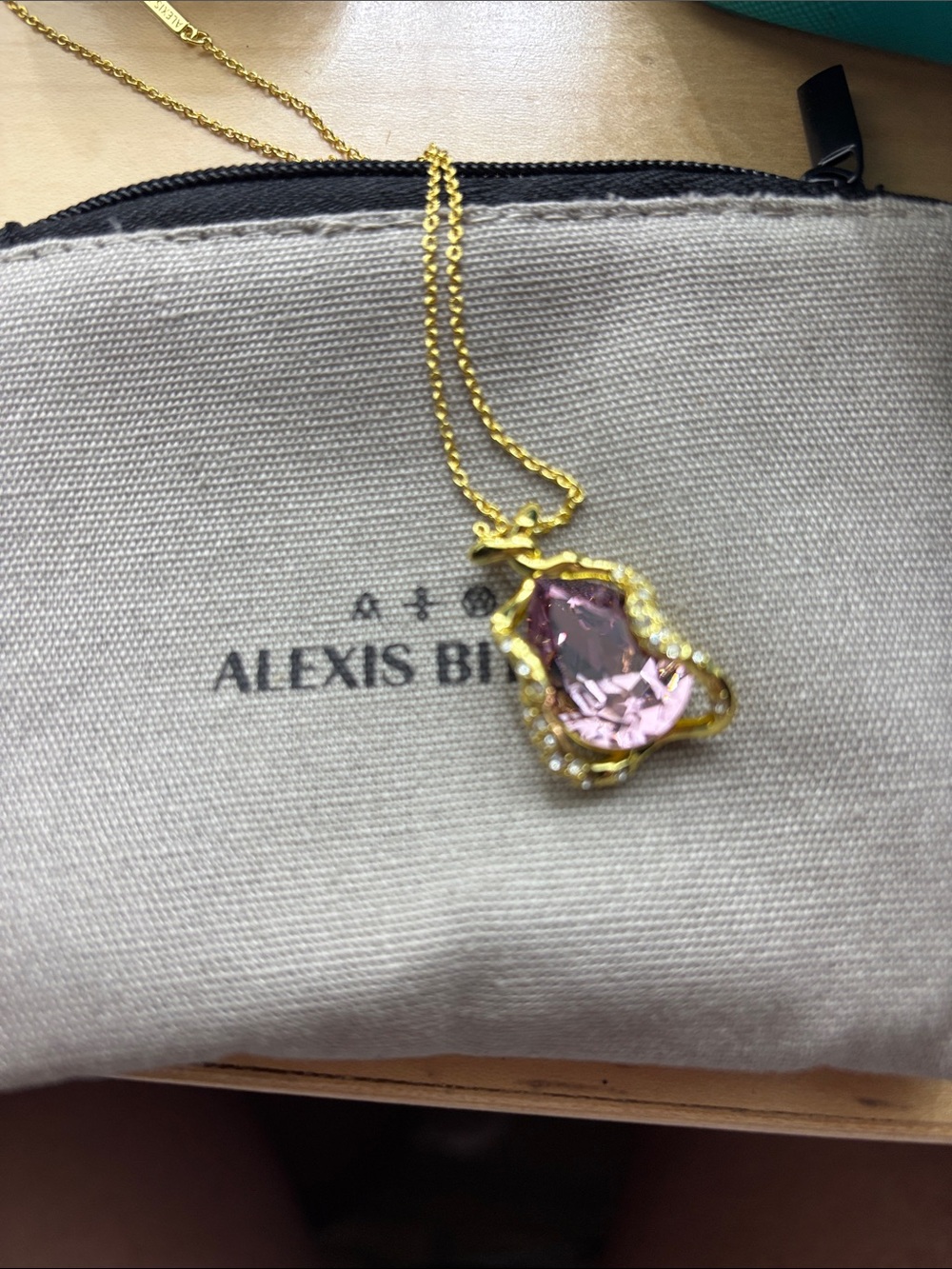 Alexis Bittar Gold Pendant Necklace with Pink Gemstone NWT